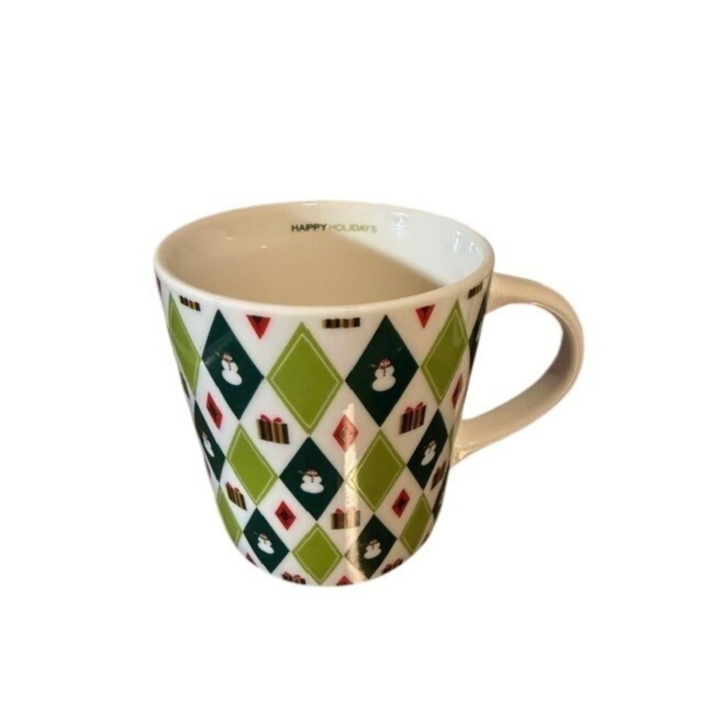 Starbucks Vintage 2003 Barista Coffee Mug Happy Holidays Argyle Art Deco 16oz